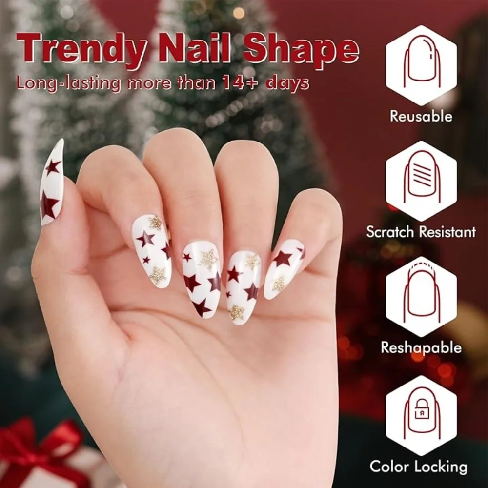 Red And Gold Stars On White Medium Almond Press-On Nails VAVAVAILS